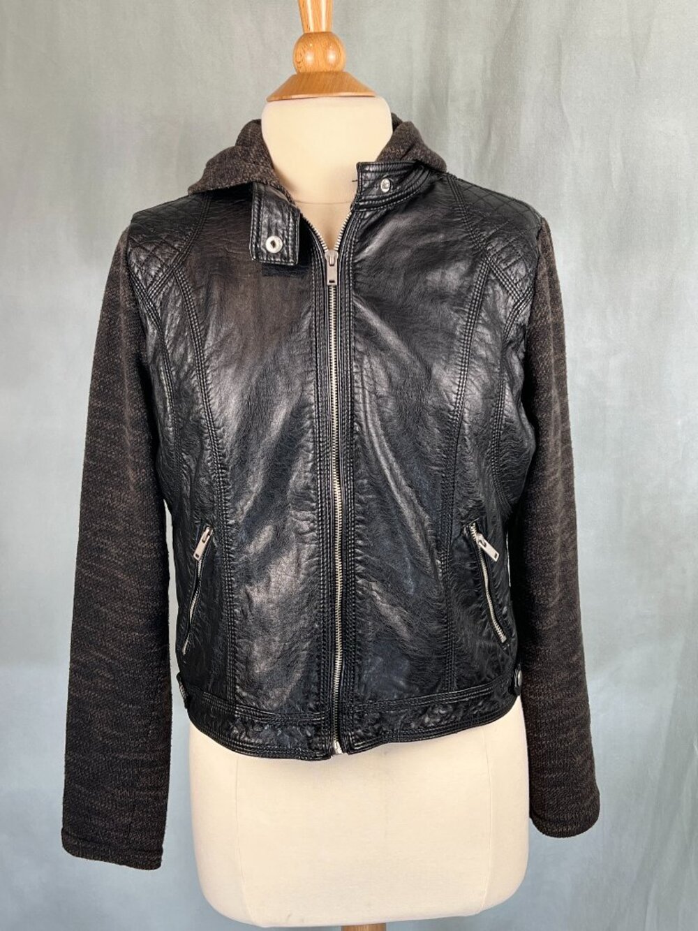 Xhilaration Black Faux Leather Knit Sleeves Hooded  Full Zip Jacket Size L